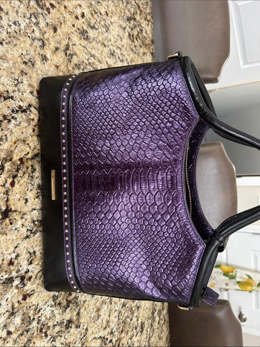 Brahmin Purple Faux-Snakeskin Tote with Black Trim and Gold Accents - Picture 2 of 11